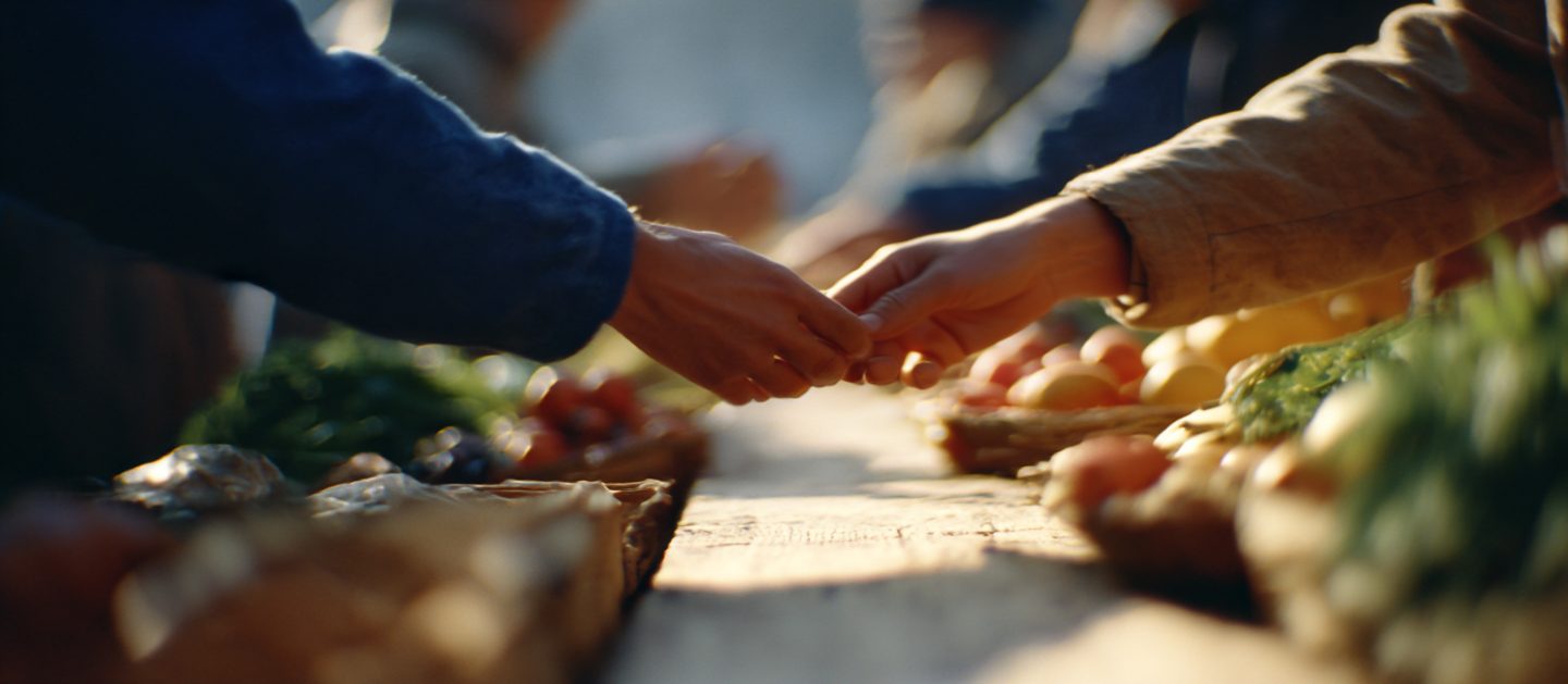 A community marketplace — hands exchanging goods over a stall of produce