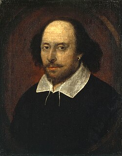A later artist’s depiction of William Shakespeare, not drawn from life, 1564–1616.