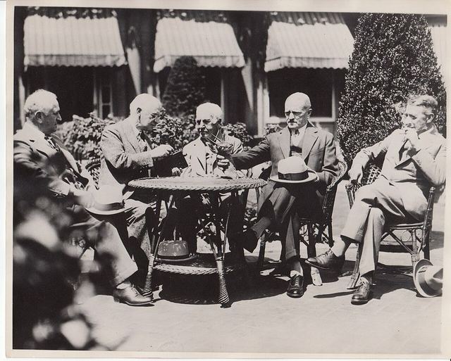 Adolf S. Ochs, George Eastman, Thomas Edison, General Pershing, and Sir James Irvine at the introduction of Kodacolor film at Eastman's home.