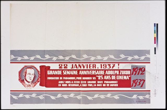 22 janvier 1937 Grande semaine anniversaire Adolph Zukor, fondateur de Paramount, pour honorer ses 25 ans de cinéma. 1912-1937 affiche